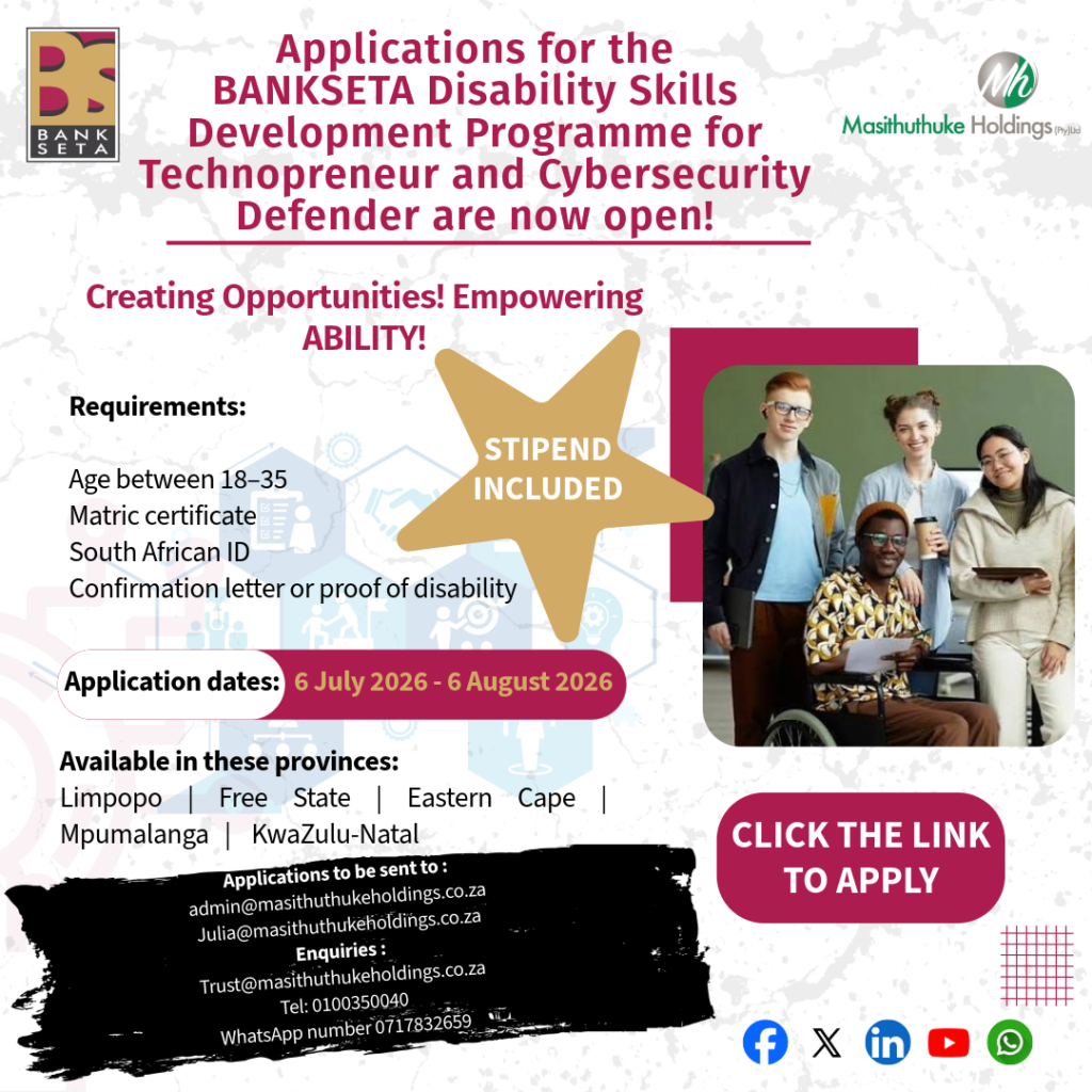 Applications for the BANKSETA Disability Skills Development Programme for Technopreneur and Cybersecurity Defender are now open!